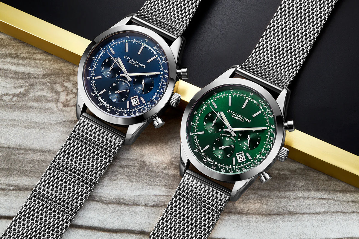 Stuhrling Original Rialto Men's Quartz Chronograph Watch, 44mm, Green Dial, Silver-Tone Case