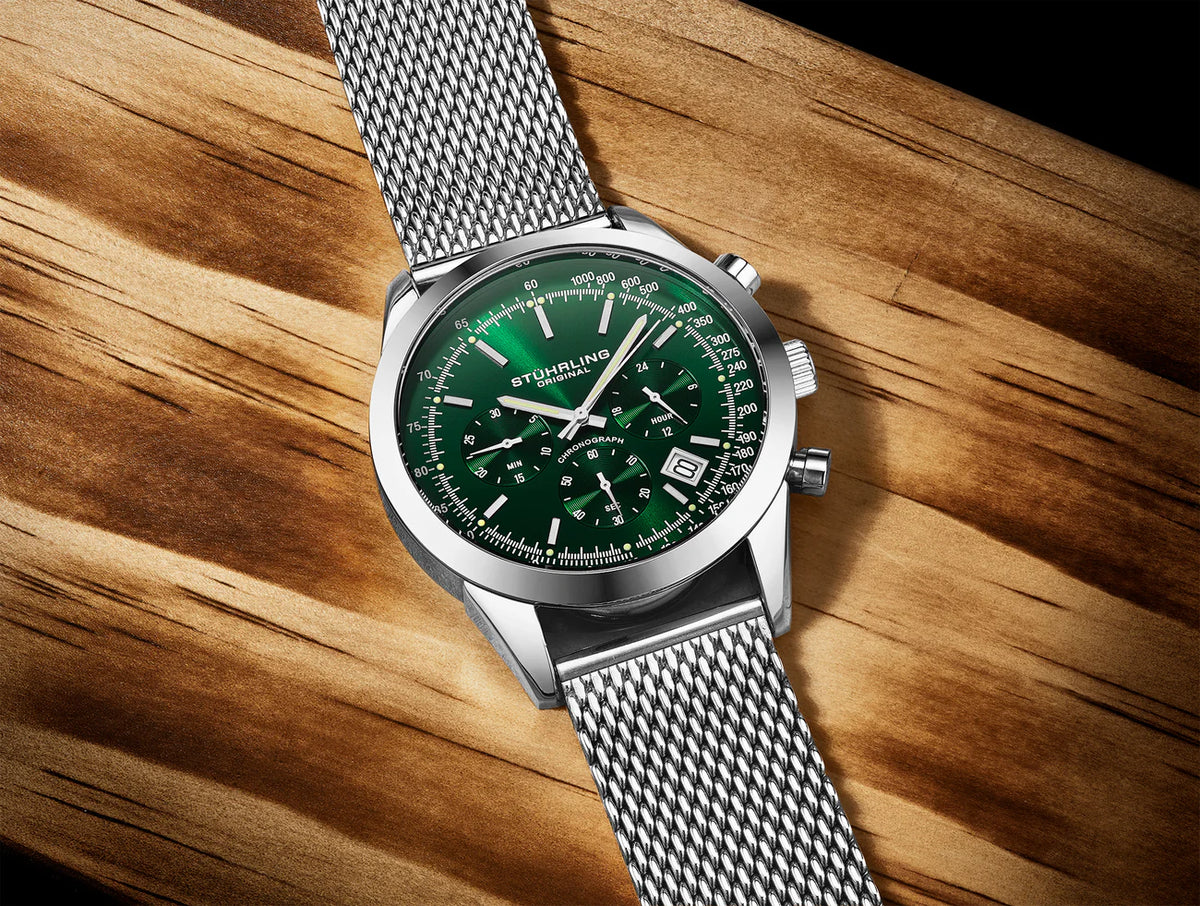 Stuhrling Original Rialto Men's Quartz Chronograph Watch, 44mm, Green Dial, Silver-Tone Case