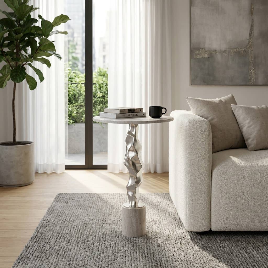 Side Table - Silver Marble Top with Sculptural Base, 25 in.