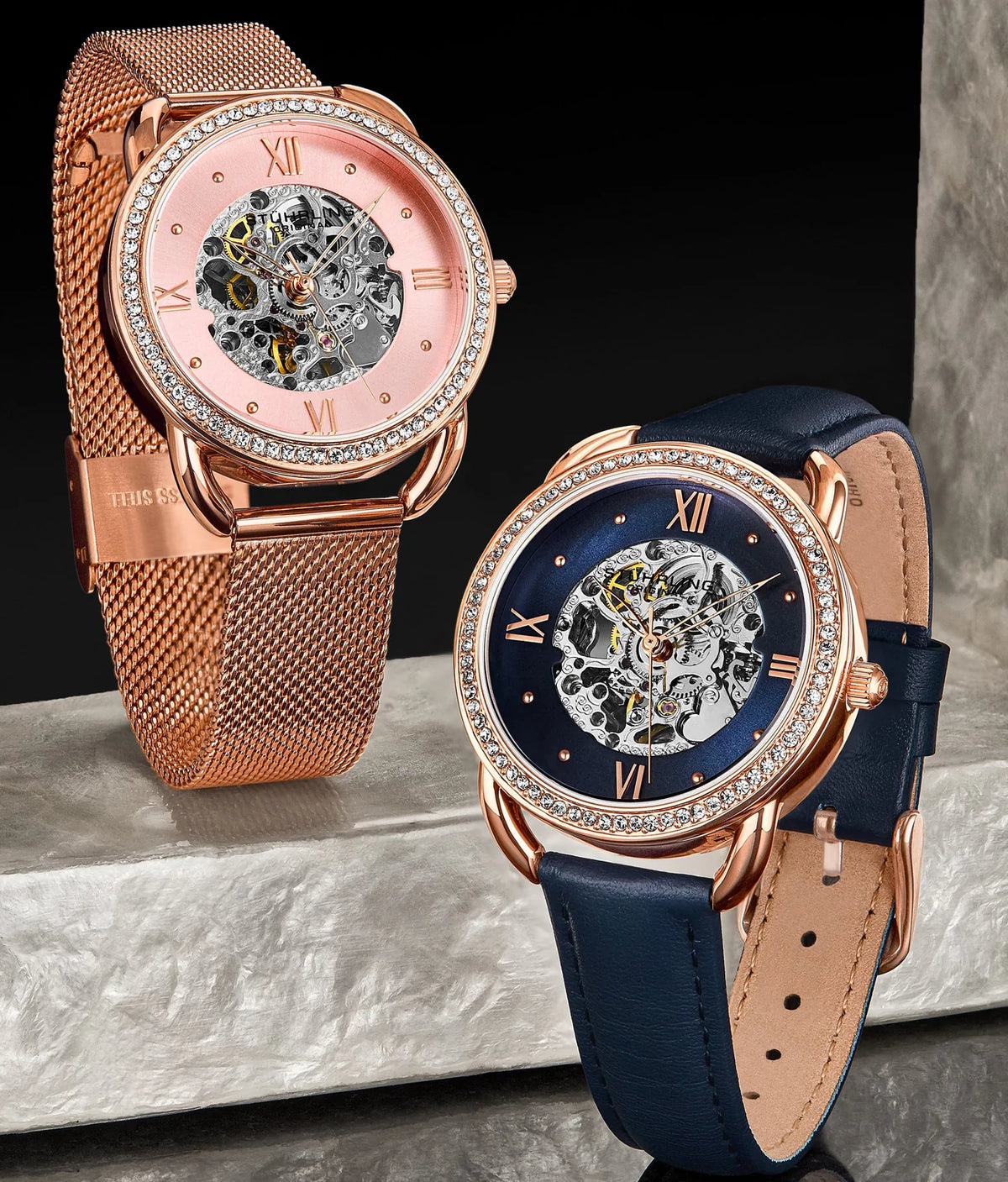 Stuhrling Original Model 3992 Women's Automatic Watch, 36mm, Blue Dial, Blue Leather Strap, Skeleton Dial
