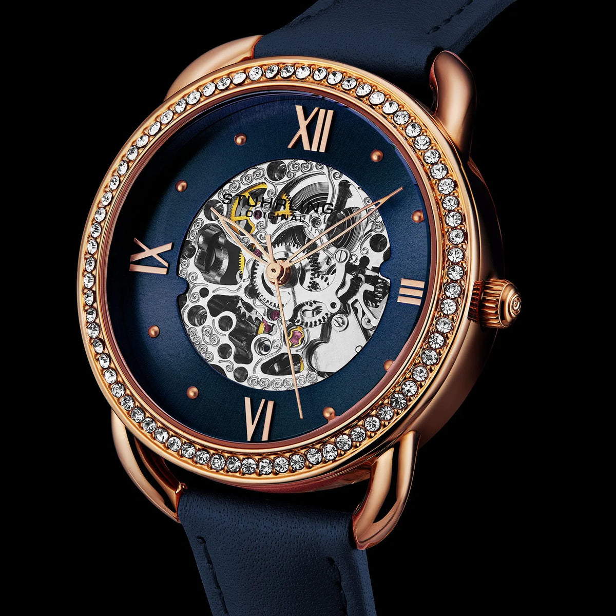 Stuhrling Original Model 3992 Women's Automatic Watch, 36mm, Blue Dial, Blue Leather Strap, Skeleton Dial