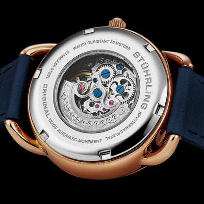Stuhrling Original Model 3992 Women's Automatic Watch, 36mm, Blue Dial, Blue Leather Strap, Skeleton Dial