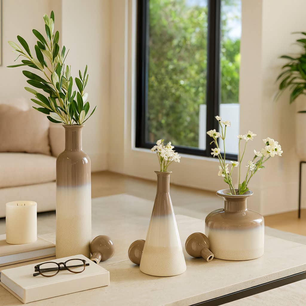 Decorative Vases Set of 3 - Tan Ceramic Bottles, 21/16/11 in