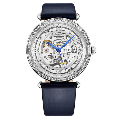 Stuhrling Original Luxe 4022 Women's Automatic Watch, 38mm, Navy Leather Strap, Skeleton Dial