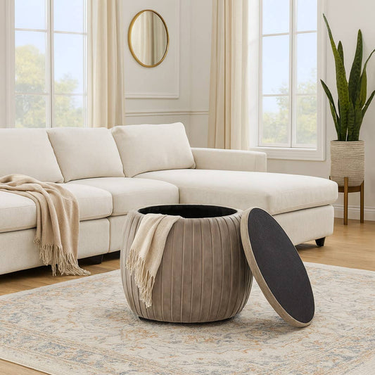 Storage Stool - Gray Wood Round with Cushioned Seat, 18 in.