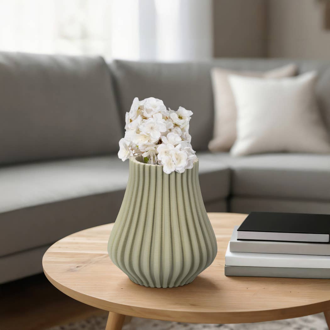Decorative Vase - Green Porcelain Ribbed 3D Printed, 11 in.