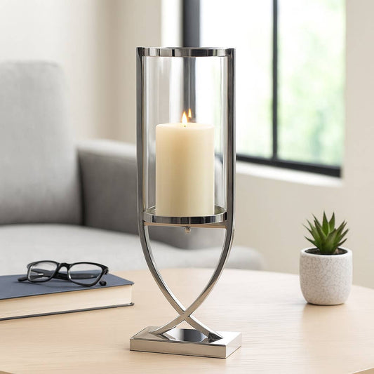Candle Holder - Silver Metal Glass Cylindrical Pillar, 23 in