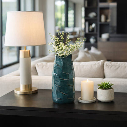 Decorative Vase - Blue Ceramic Sculpted Textured, 11 in.