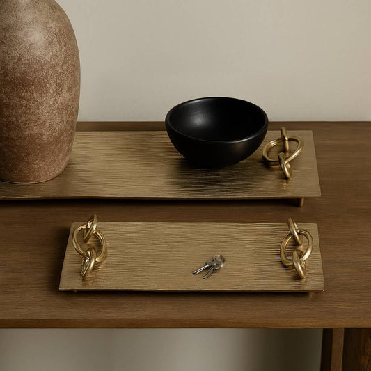 Decorative Tray Set of 2 - Gold Metal Link Handle, 21/14 in.