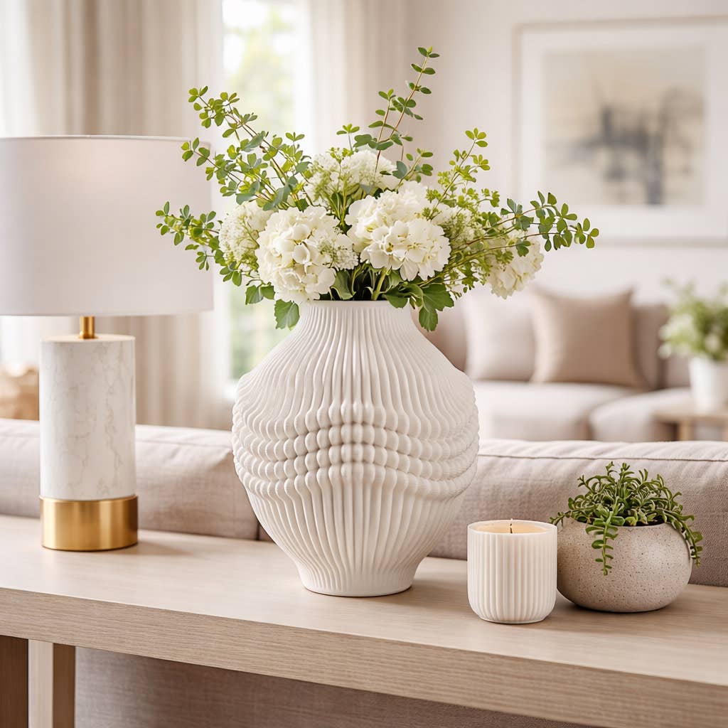 Decorative Vase - Ivory Ceramic 3D Printed Artistic, 14 in.