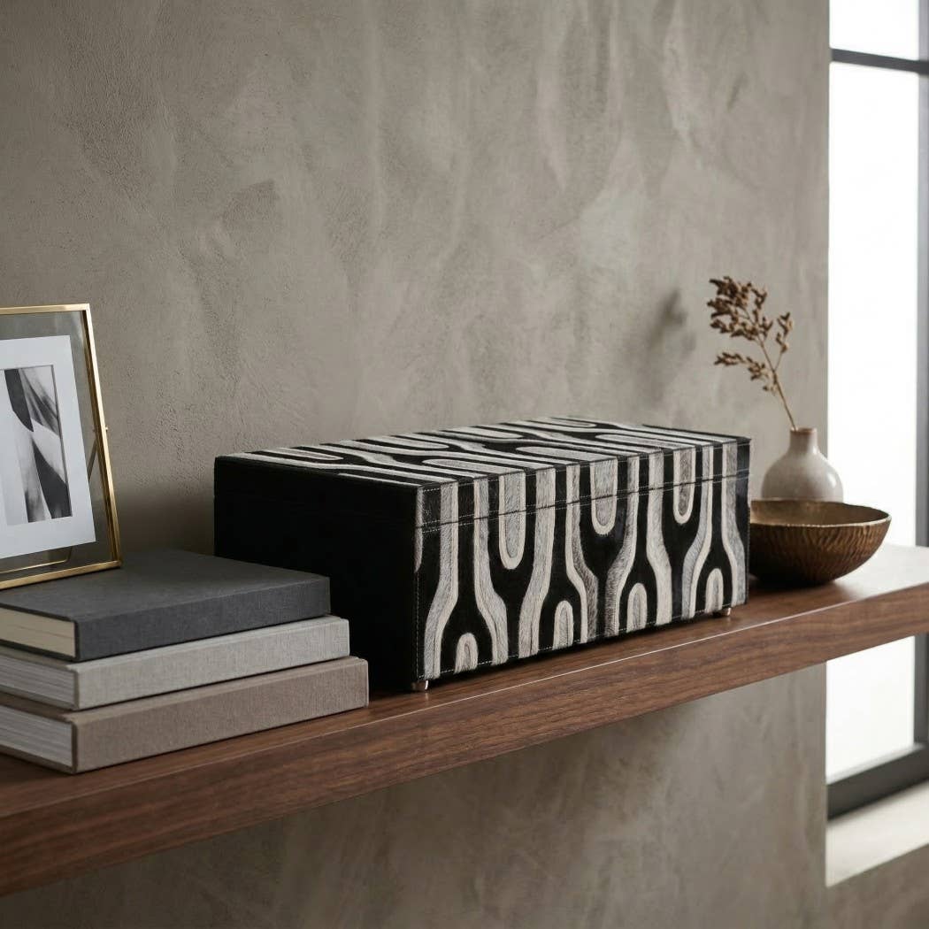 Decorative Box - Gray/Black Wood Rectangular with Lid, 16 in