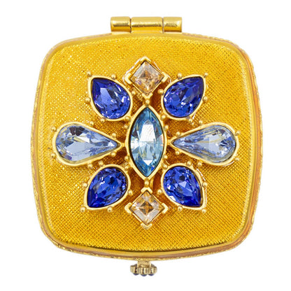 Jay Strongwater Luella 2" Square Jeweled Compact Mirror, Austrian Crystal Gold-Finished Delft Garden