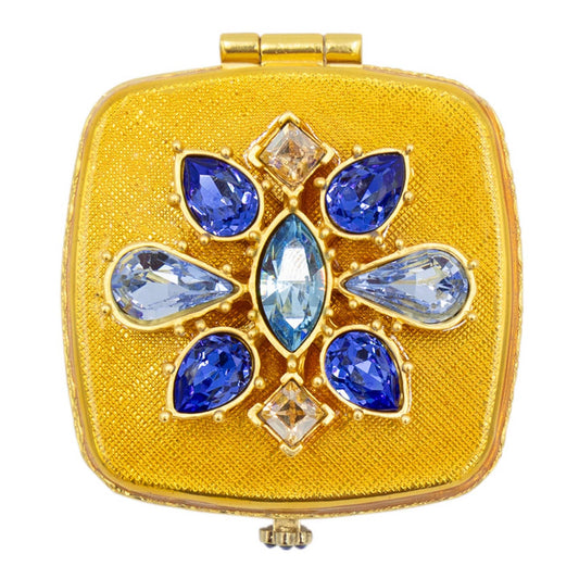 Jay Strongwater Luella 2" Square Jeweled Compact Mirror, Austrian Crystal Gold-Finished Delft Garden