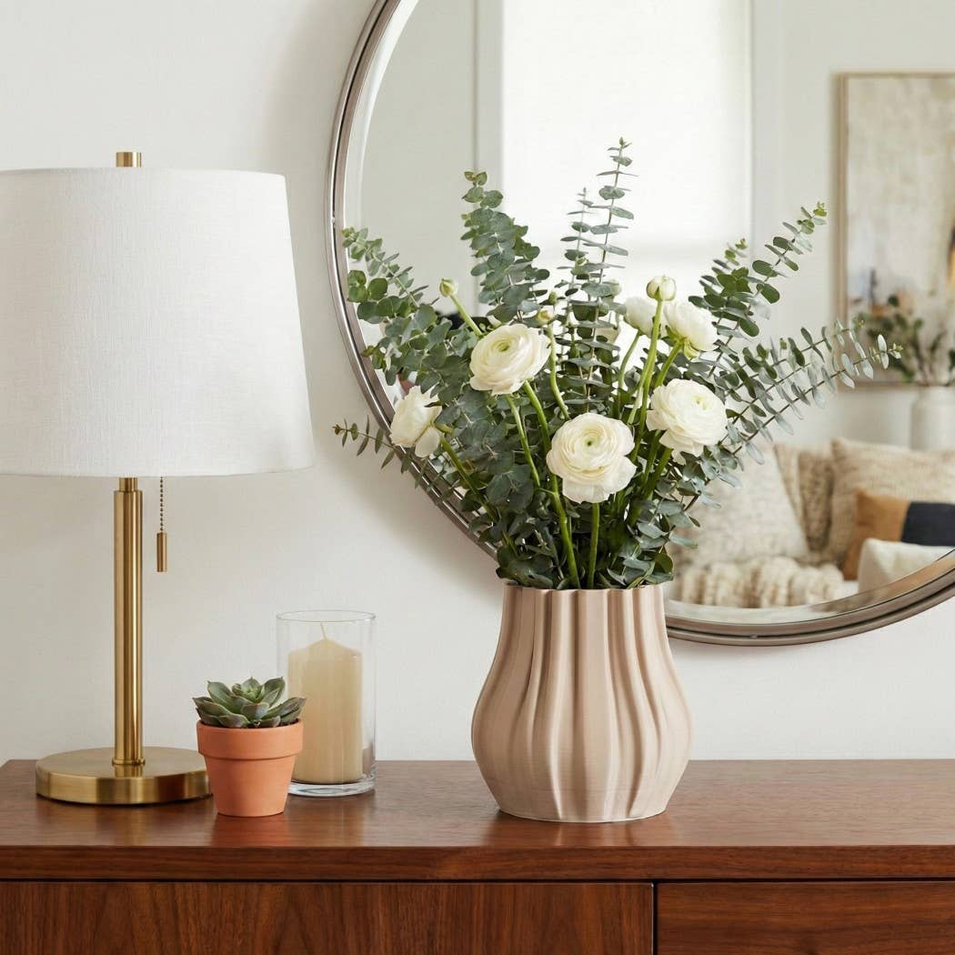 Decorative Vase - Tan Ceramic 3D Printed Sculpted, 9 in.