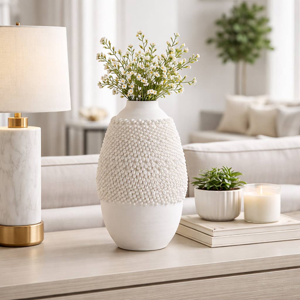 Decorative Vase - Tan Ceramic with Layered Loop Design, 14 in.