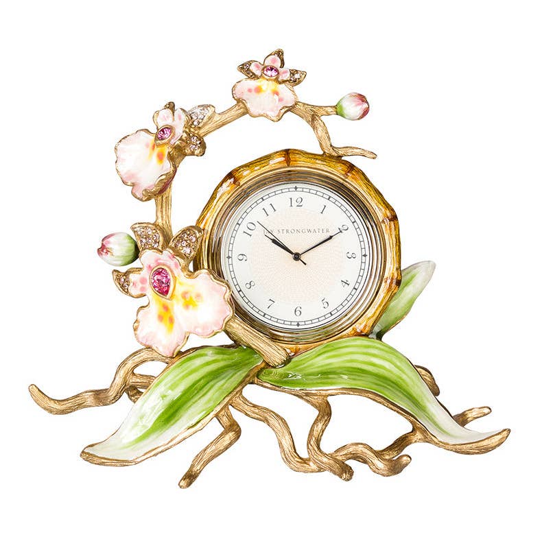 Jay Strongwater Tara Orchid Swarovski Crystal Enamel Gold-Finished Table Clock, Flora