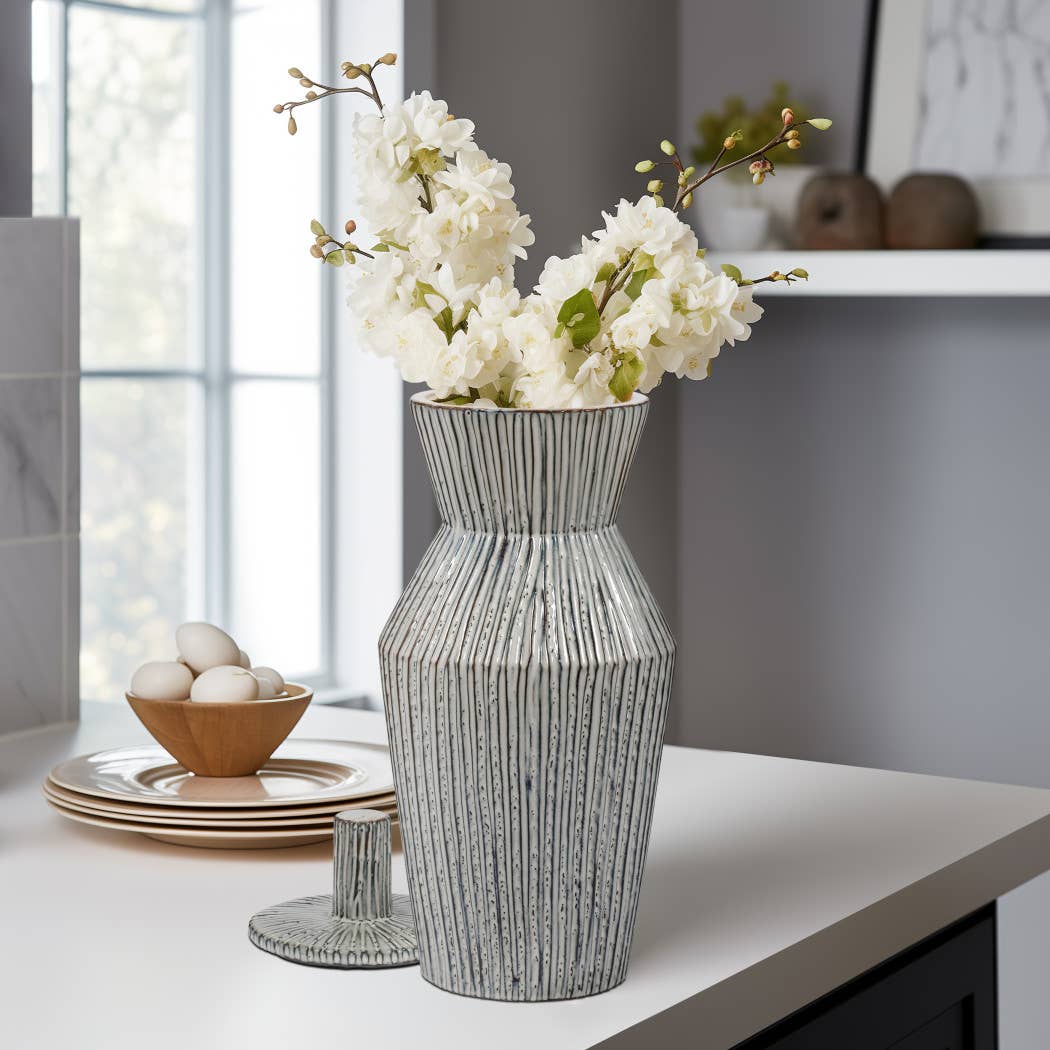 Decorative Jar - White Ceramic Detail with Lid, 20 in.