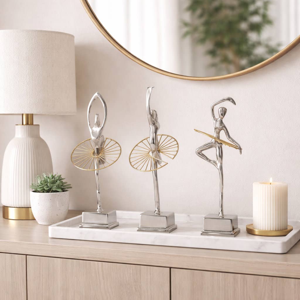 Decorative Sculptures Set of 3 - Silver Metal Dancing, 13 in