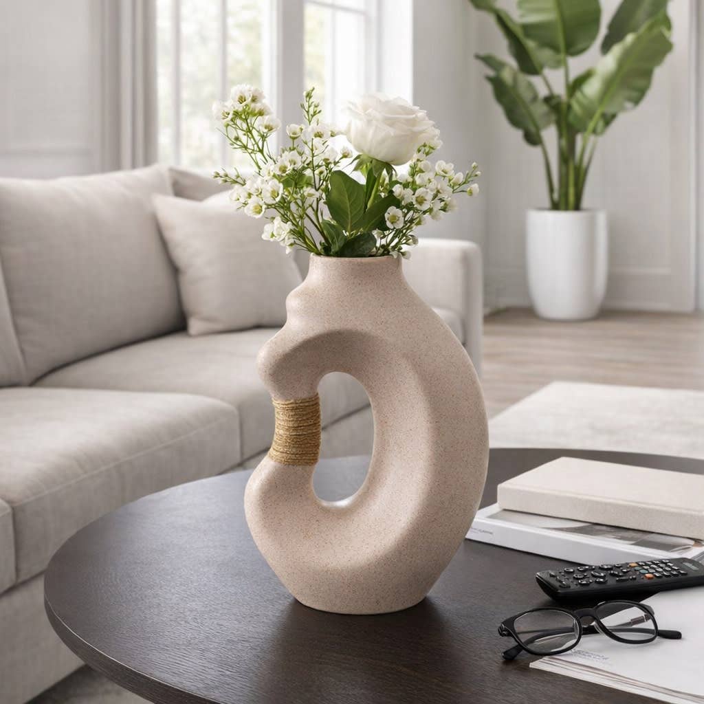 Decorative Vase - Tan Ceramic Small Leather Wrap, 13 in.