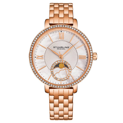 Stuhrling Original Horizon 4038 Women's Quartz Watch, 36mm, White Mother-of-Pearl Dial, Rose Gold-Tone Bracelet, Crystal-Accented Bezel