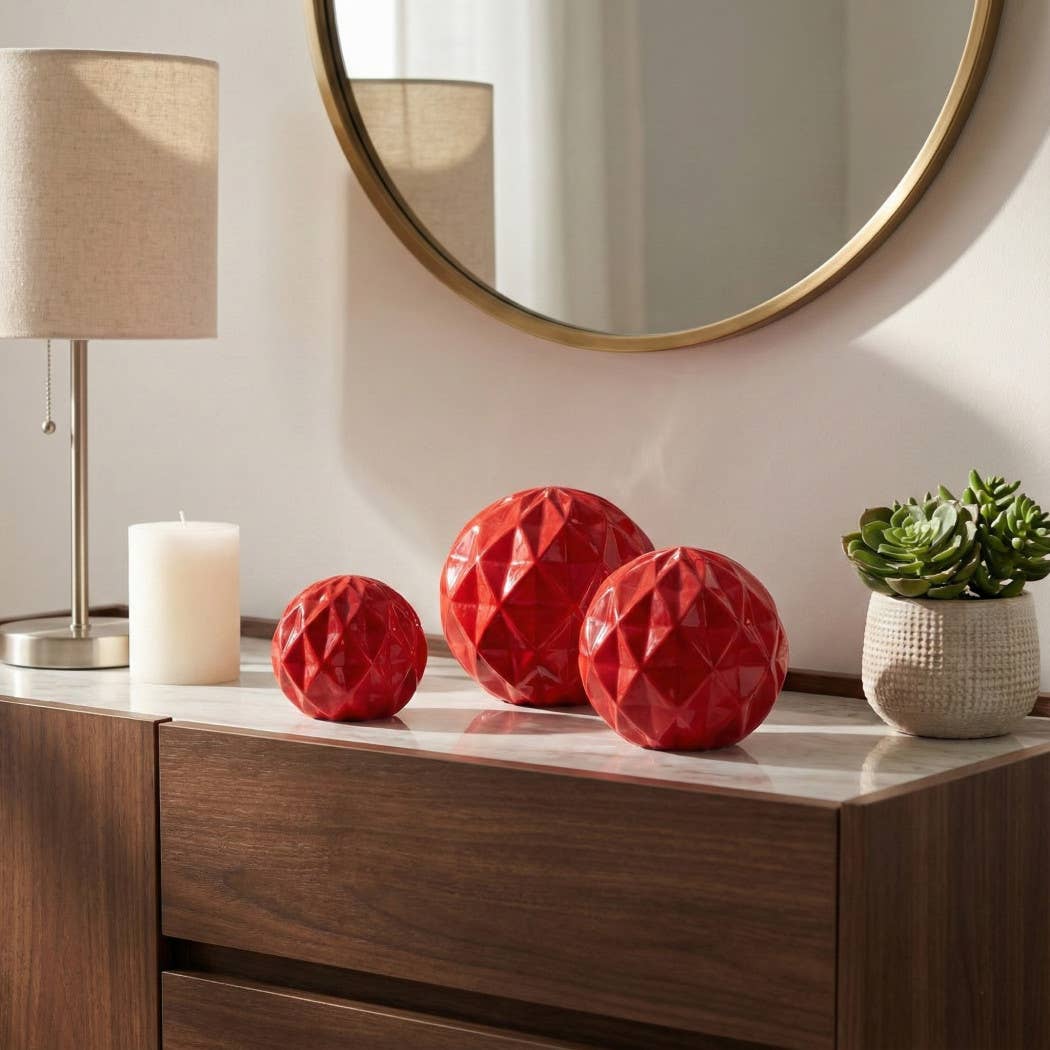 Decorative Sculpture Set of 3 - Red Ceramic Balls, 4/5/6 in.