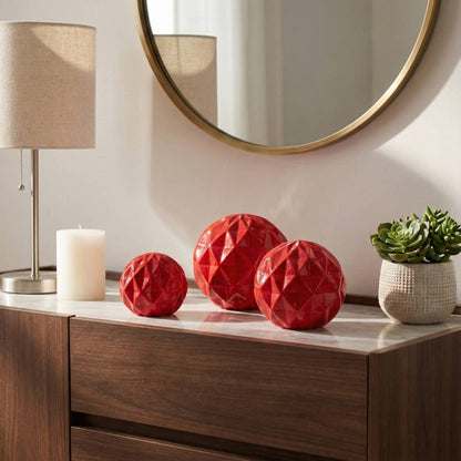 Decorative Sculpture Set of 3 - Red Ceramic Balls, 4/5/6 in.