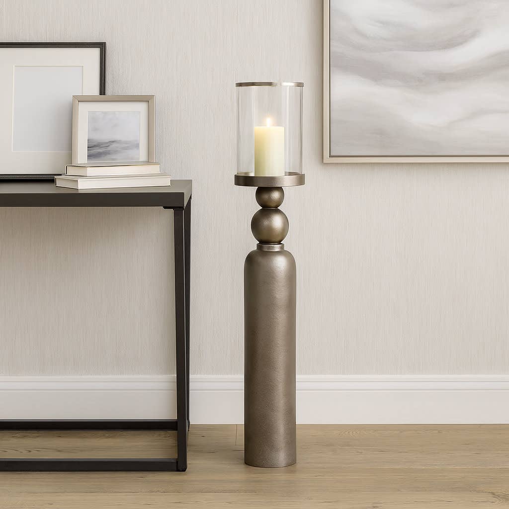 Candle Holder - Silver Metal Removable Hurricane, 41 in.