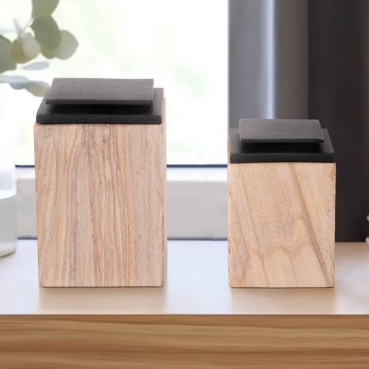 Decorative Boxes Set of 2 - Brown Marble Sandstone, 8/9 in.