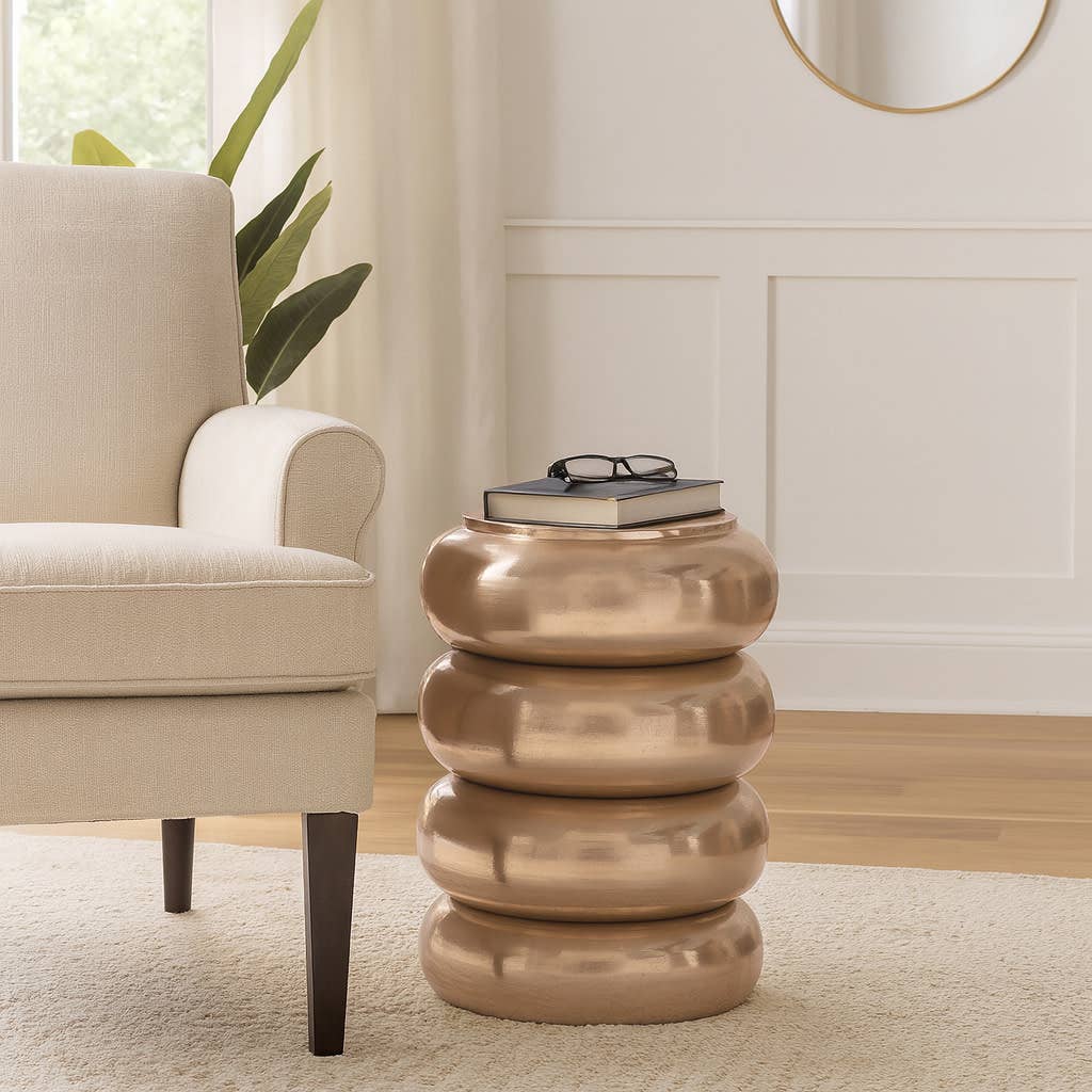 Side Table - Gold Metal Narrow Bold Rounded Drum, 20 in.