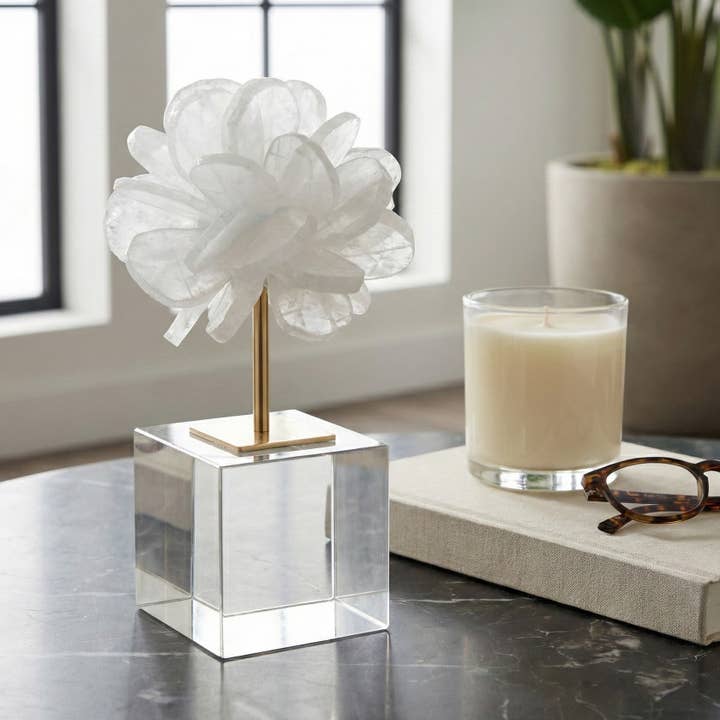 Decorative Object - White Crystal Flower Design, 8 in.