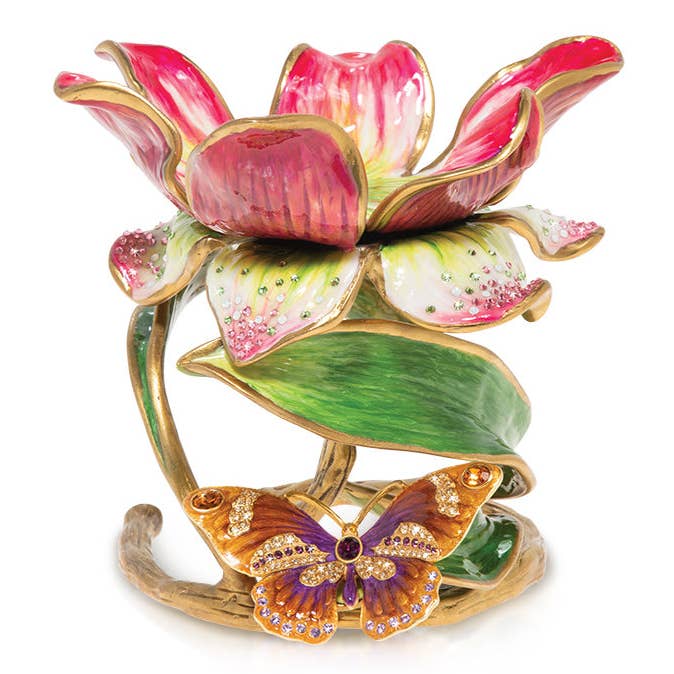 Jay Strongwater Aimee Floral 7" Pillar Candle Holder, Leaf Swarovski Crystal Enamel