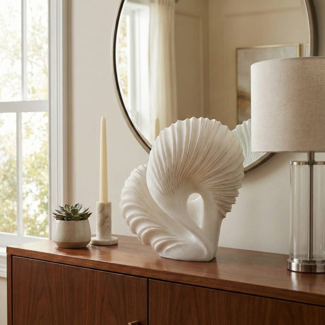 Sculpture - White Quartz Resin Abstract Shell, 14 in.