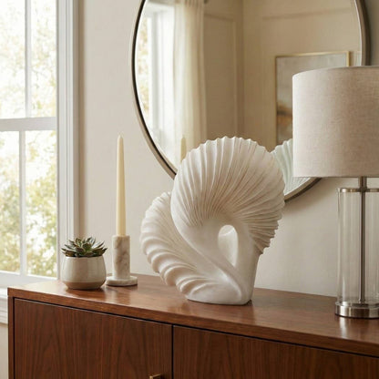 Sculpture - White Quartz Resin Abstract Shell, 14 in.
