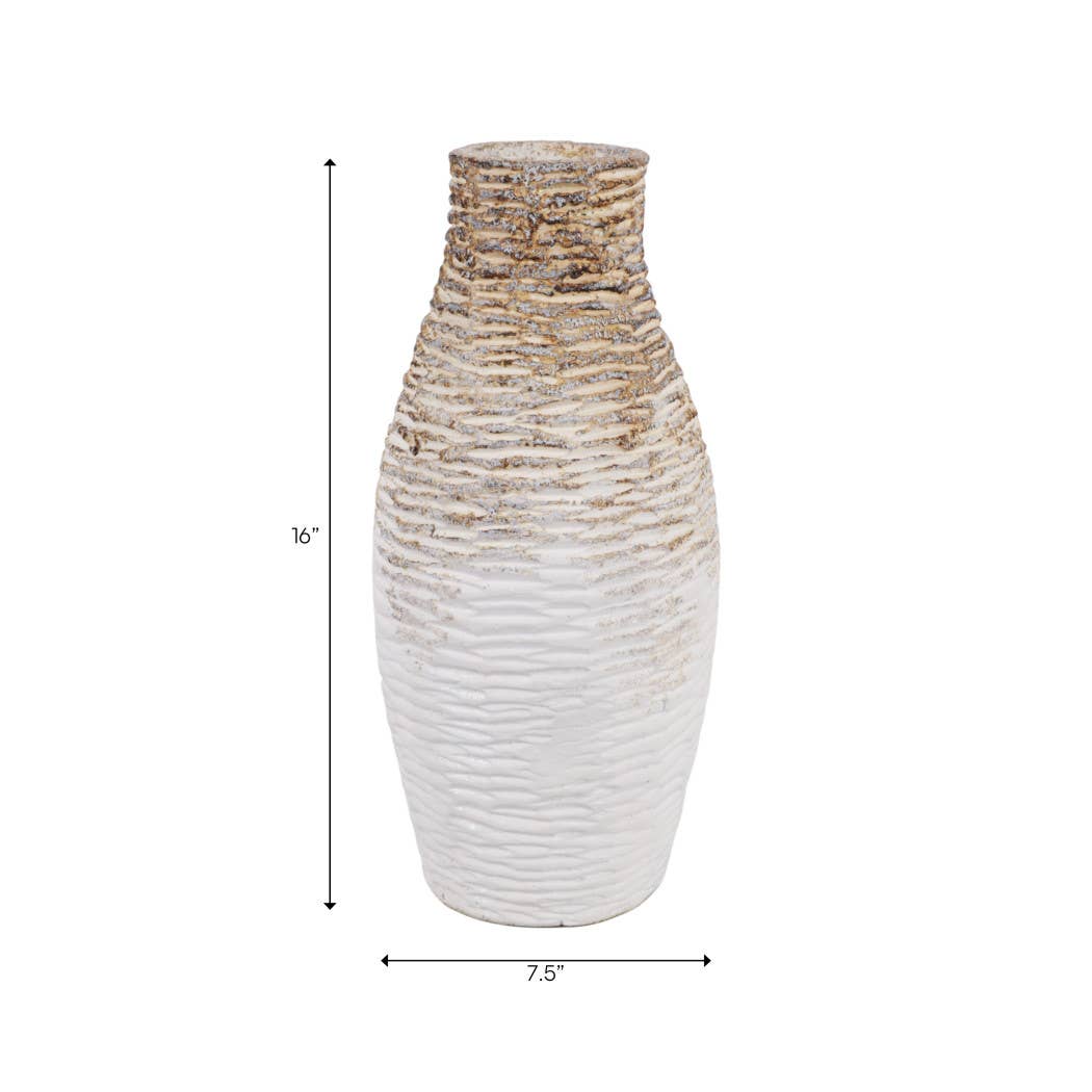 Decorative Vase - White/Brown Ceramic Tall Textured, 16 in.