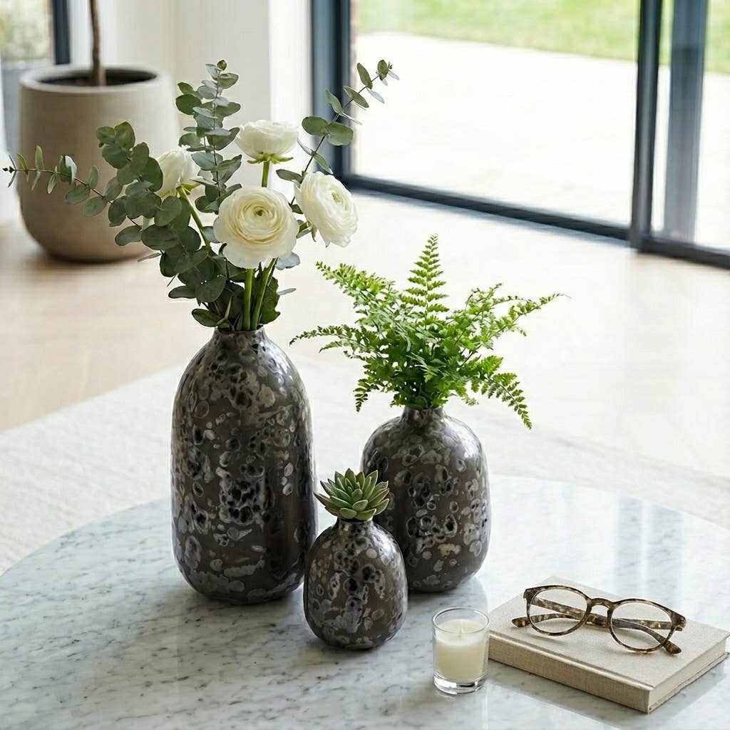 Vases Set of 3 - Black Ceramic Modern Bud, 4/7/9 in.