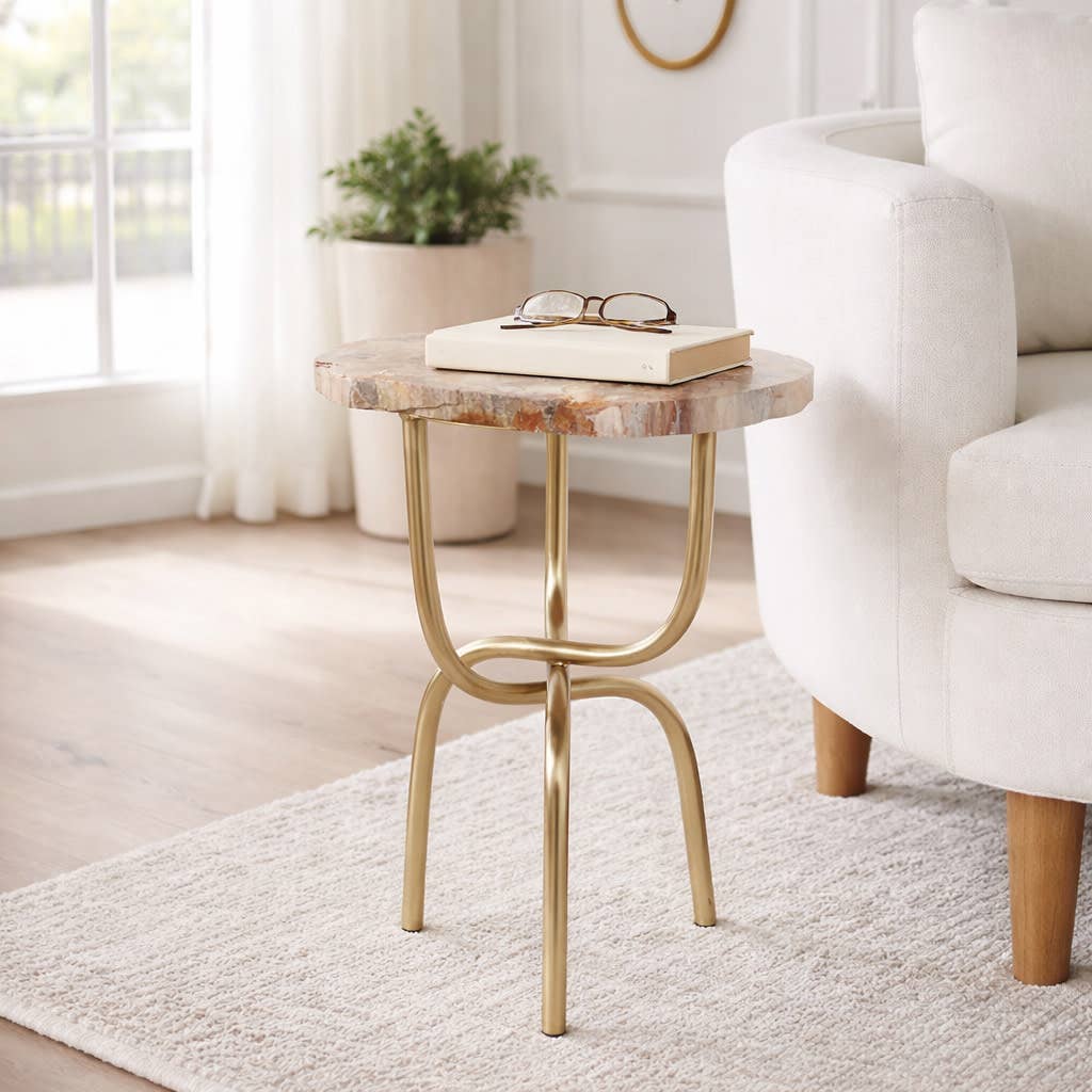 Side Table - Gold Metal Wood Hammered Base, 20 in.