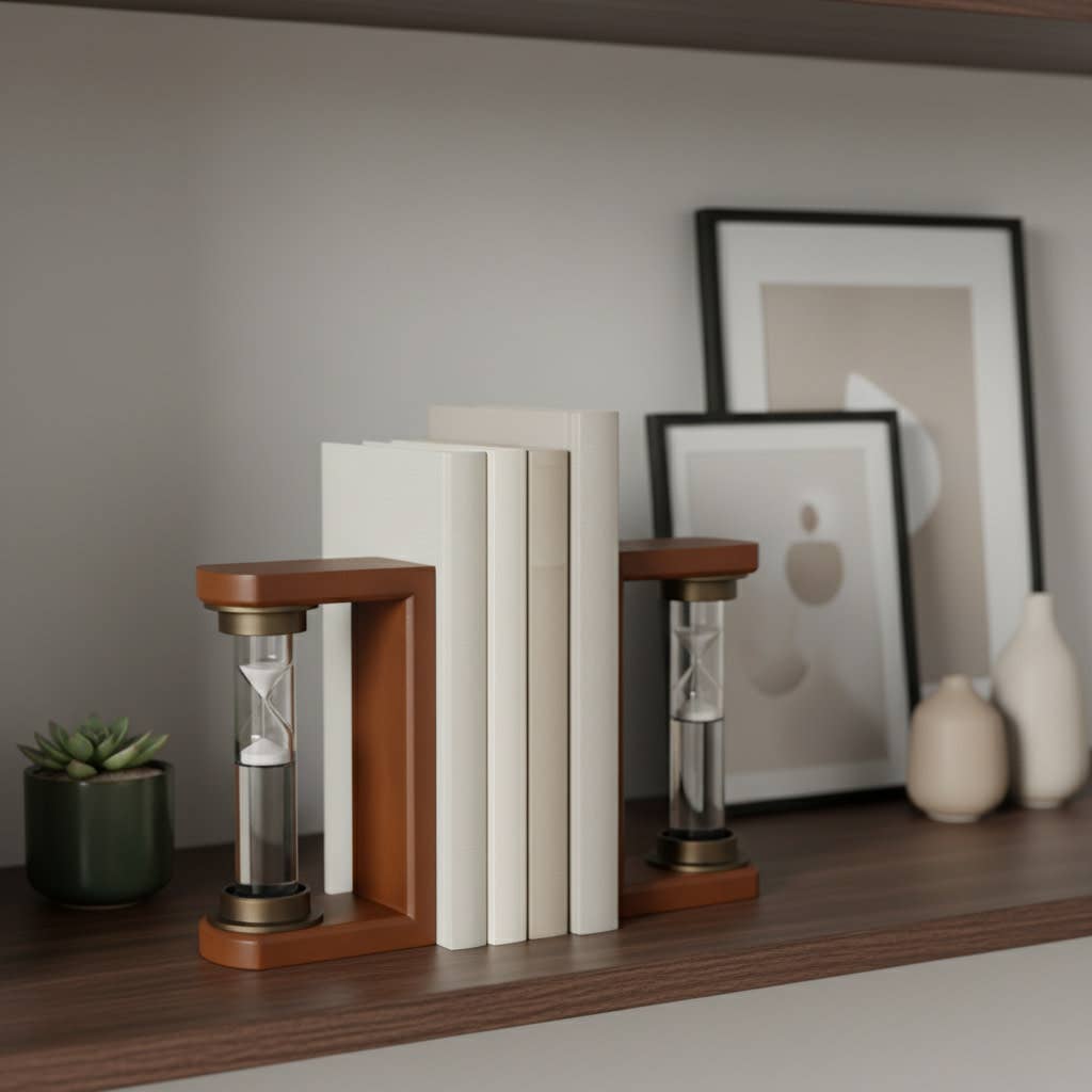 Bookends Set of 2 - Brown Wood Modern Hourglass, 10 in.
