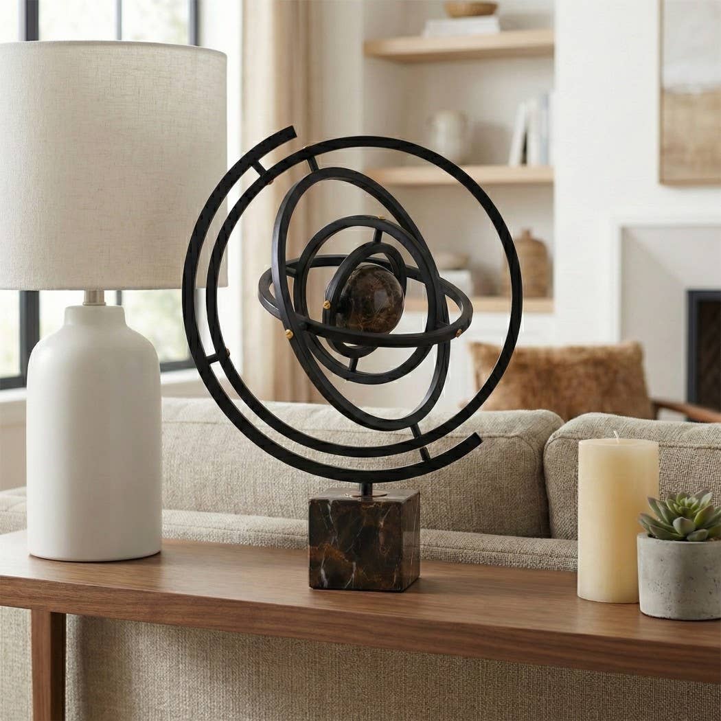 Sculpture - Brown Metal Rings with Marble Base, 17 in.