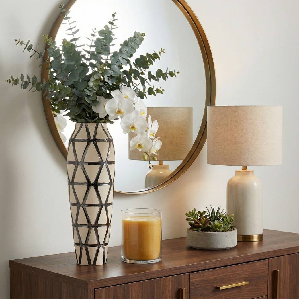 Decorative Vase - Ivory/Silver Ceramic Tribal Design, 22 in.