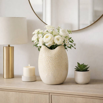 Decorative Vase - Cream Earthenware Textured Oval, 12 in.