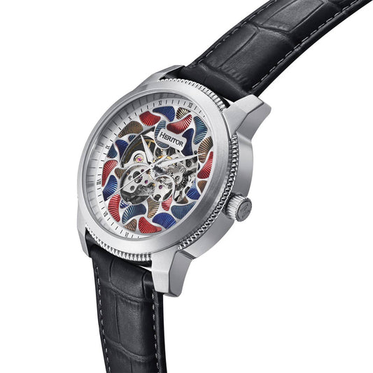 Heritor Emmanuel Men's Automatic Semi-Skeleton Leather Watch, Silver/Black