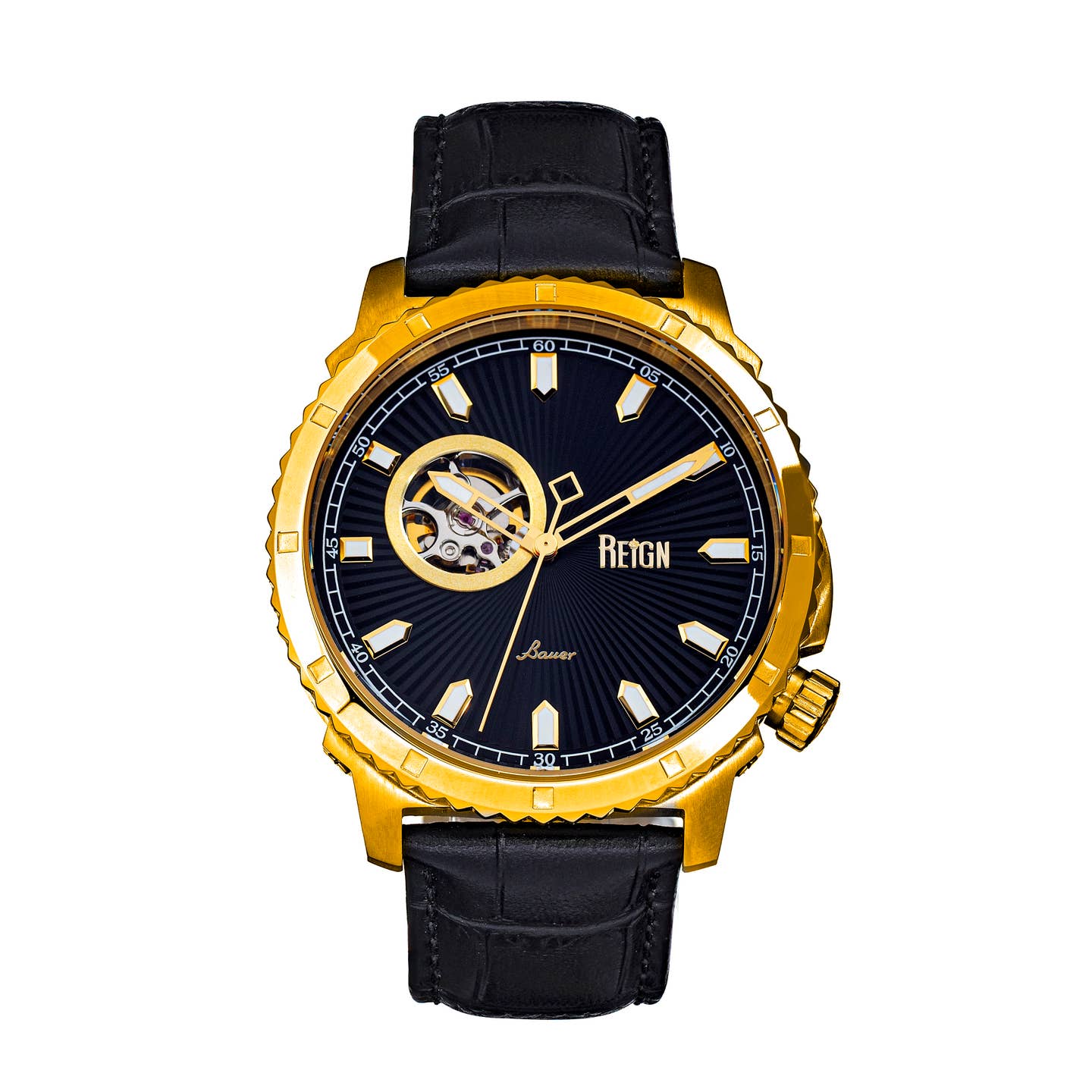 Reign Bauer Men's Automatic Semi-Skeleton Leather Watch