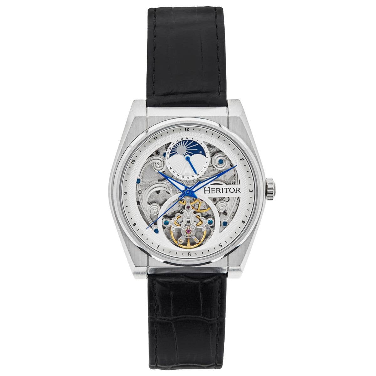 Heritor Daxton Men's Automatic Skeleton Leather Watch, Black/White