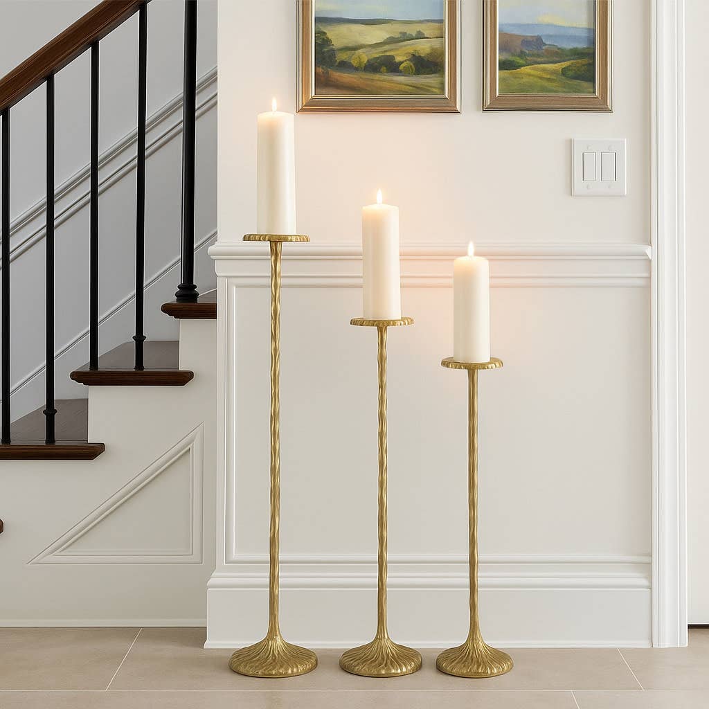 Candle Holder Set of 3 - Gold Metal Tall Stands, 26/32/40 in