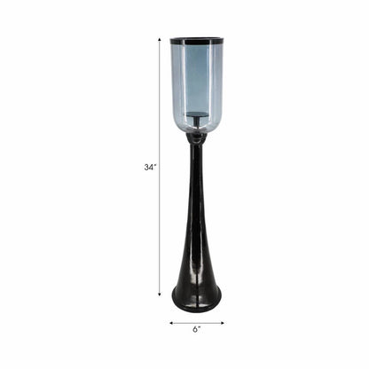 Candle Holder - Black Metal Frame Glass Hurricane, 34 in.