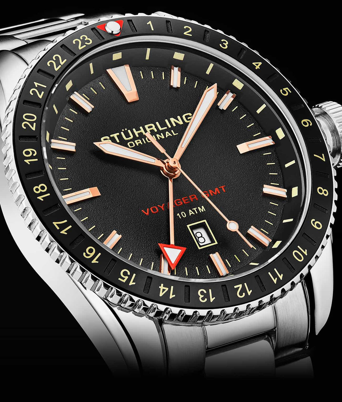 Stuhrling Original Voyager GMT 4017 Men's Quartz GMT Watch, 42mm, Black Dial, Silver-Tone Brushed And Polished Link Bracelet