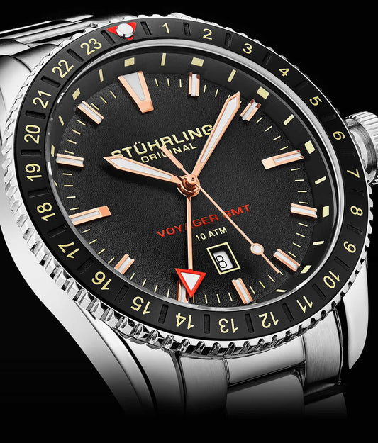 Stuhrling Original Voyager GMT 4017 Men's Quartz GMT Watch, 42mm, Black Dial, Silver-Tone Brushed And Polished Link Bracelet