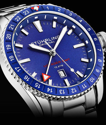 Stuhrling Original Voyager GMT 4017 Men's Quartz GMT Watch, 42mm, Blue Dial, Silver-Tone Brushed And Polished Link Bracelet