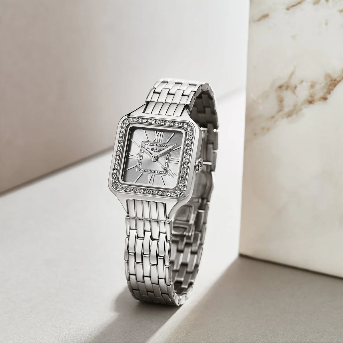 Stuhrling Original Confidant 4020 Women's Quartz Watch, 27mm, White Dial, Crystal-Accented Bezel