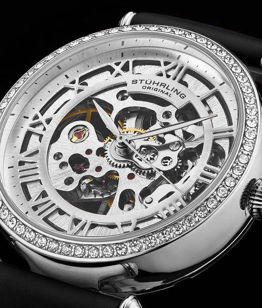 Stuhrling Original Luxe 4022 Women's Automatic Watch, 38mm, Black Leather Strap, Skeleton Dial